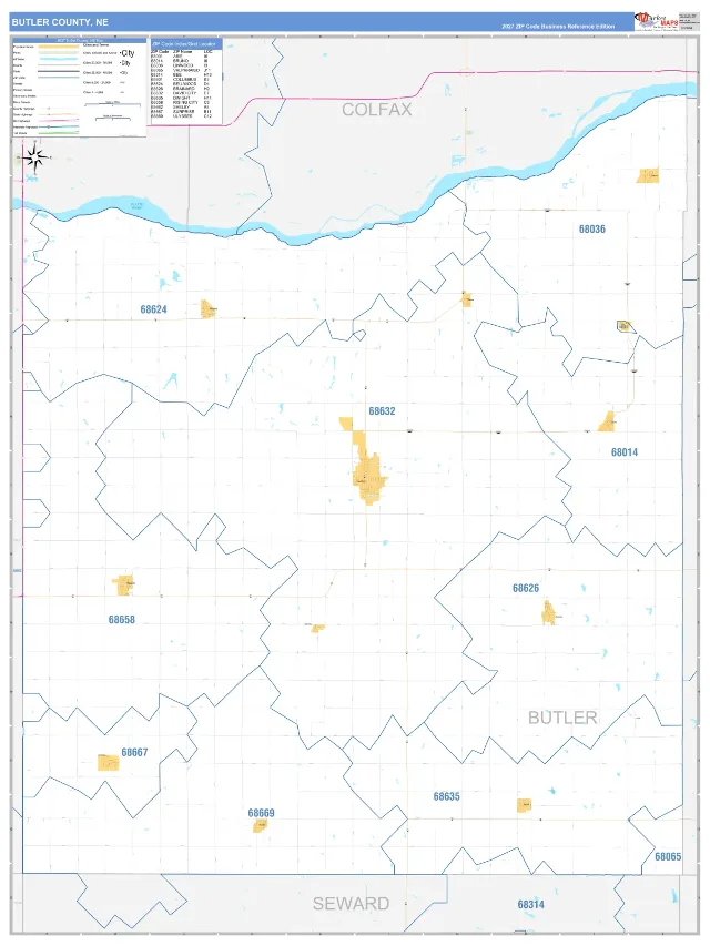 Butler County, NE ZIP Code Wall Map, Business Reference style