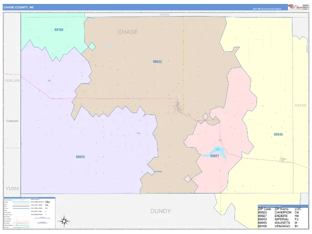 Chase County, NE ZIP Code Wall Map, ColorCast style