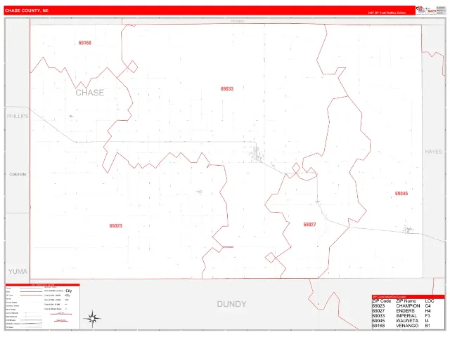 Chase County, NE ZIP Code Wall Map, RedLine style