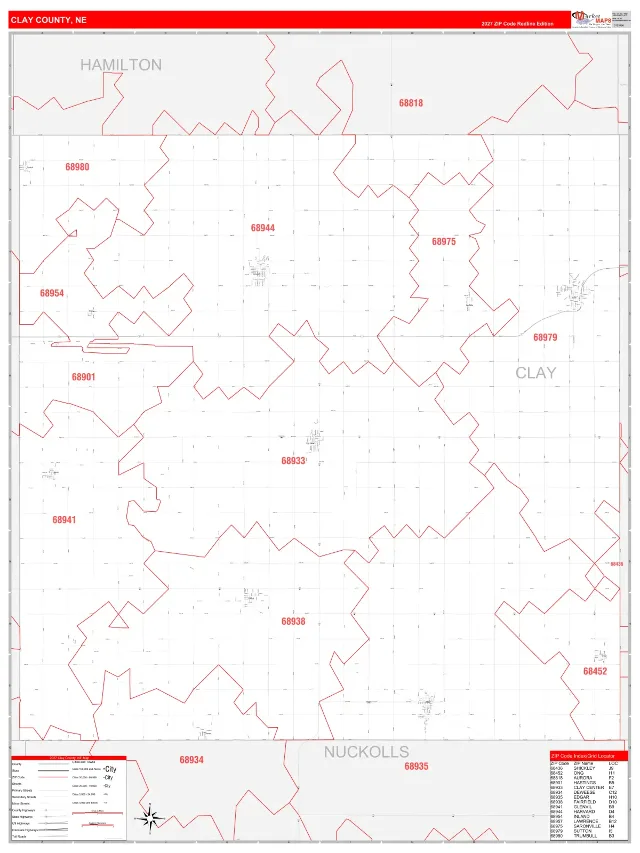 Clay County, NE ZIP Code Wall Map, RedLine style