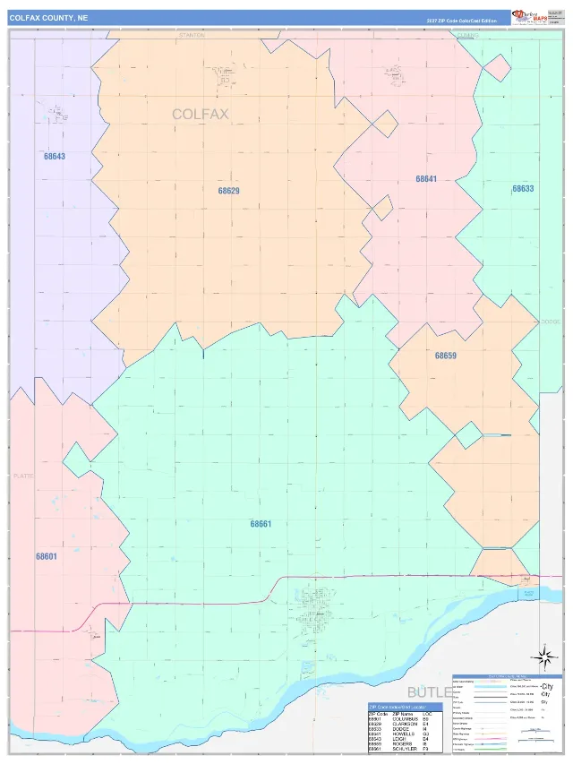 Colfax County, NE ZIP Code Wall Map, ColorCast style