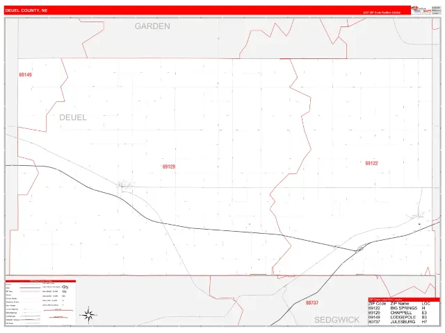 Deuel County, NE ZIP Code Wall Map, RedLine style