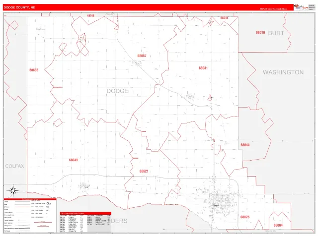Dodge County, NE ZIP Code Wall Map, RedLine style