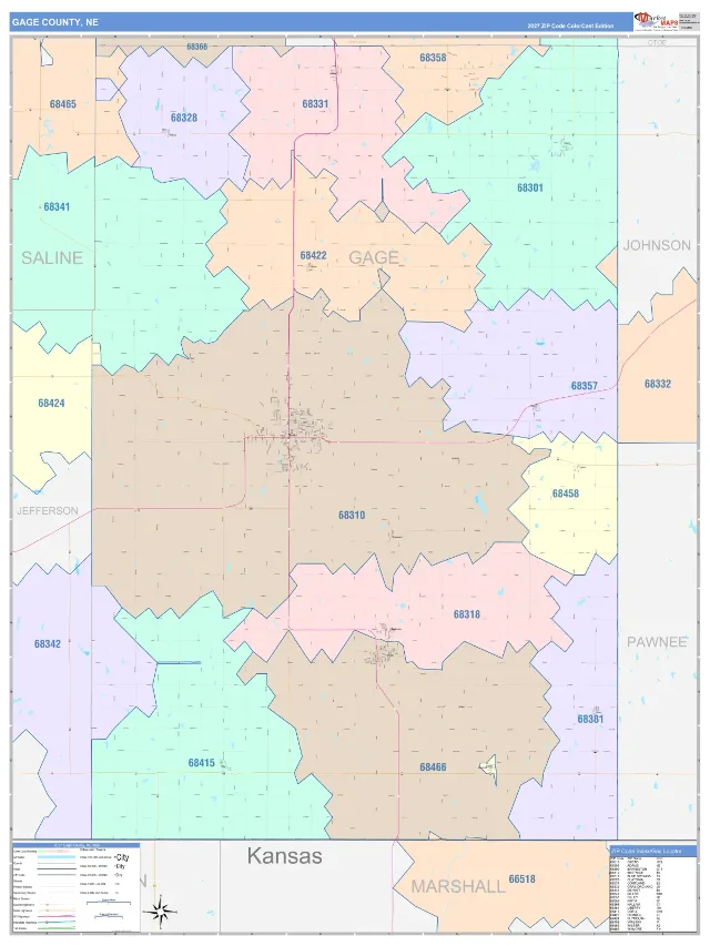 Gage County, NE ZIP Code Wall Map, ColorCast style