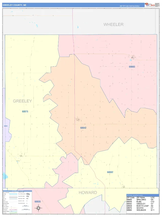 Greeley County, NE ZIP Code Wall Map, ColorCast style