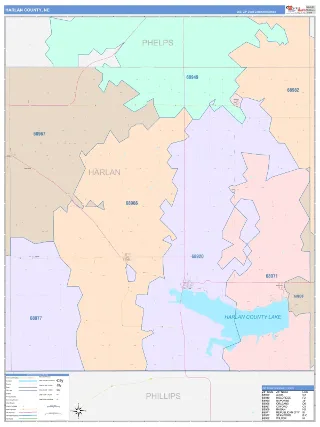 Harlan County, NE ColorCast style ZIP Code wall map