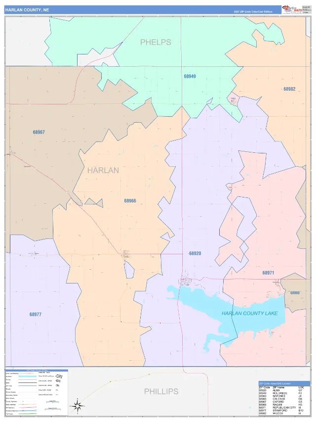 Harlan County, NE ZIP Code Wall Map, ColorCast style