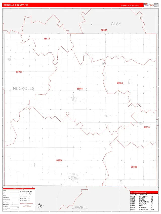 Nuckolls County, NE ZIP Code Wall Map, RedLine style