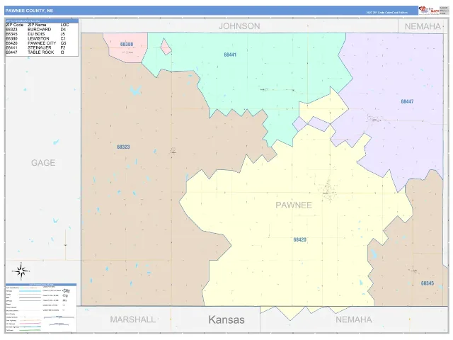 Pawnee County, NE ZIP Code Wall Map, ColorCast style
