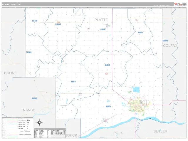 Platte County, NE ZIP Code Wall Map, Classic style