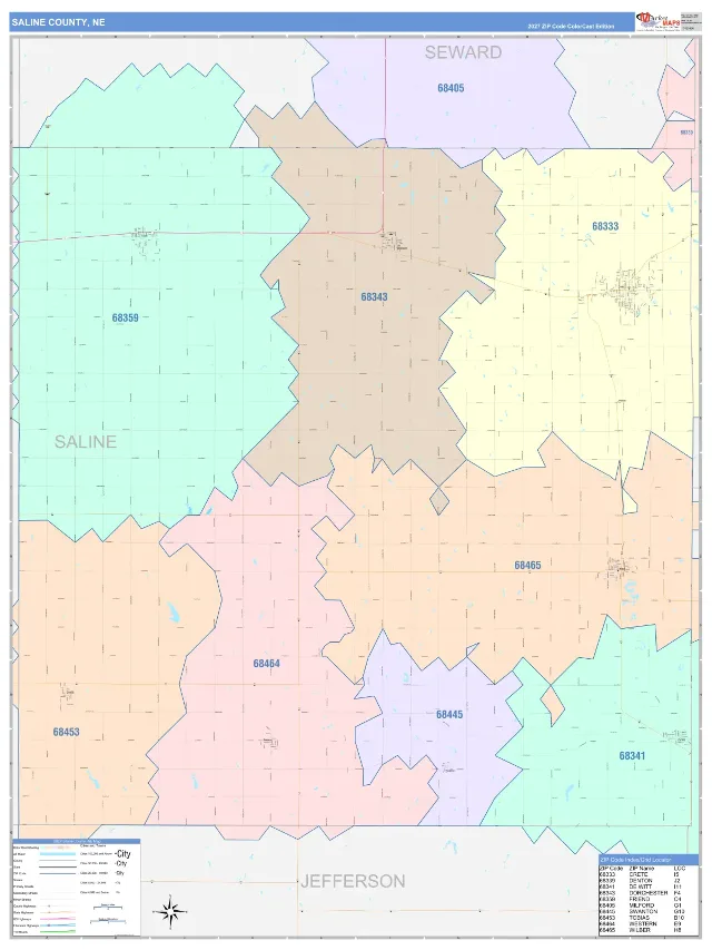 Saline County, NE ZIP Code Wall Map, ColorCast style