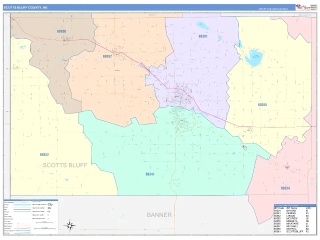 Scotts Bluff County, NE ZIP Code Wall Map, ColorCast style