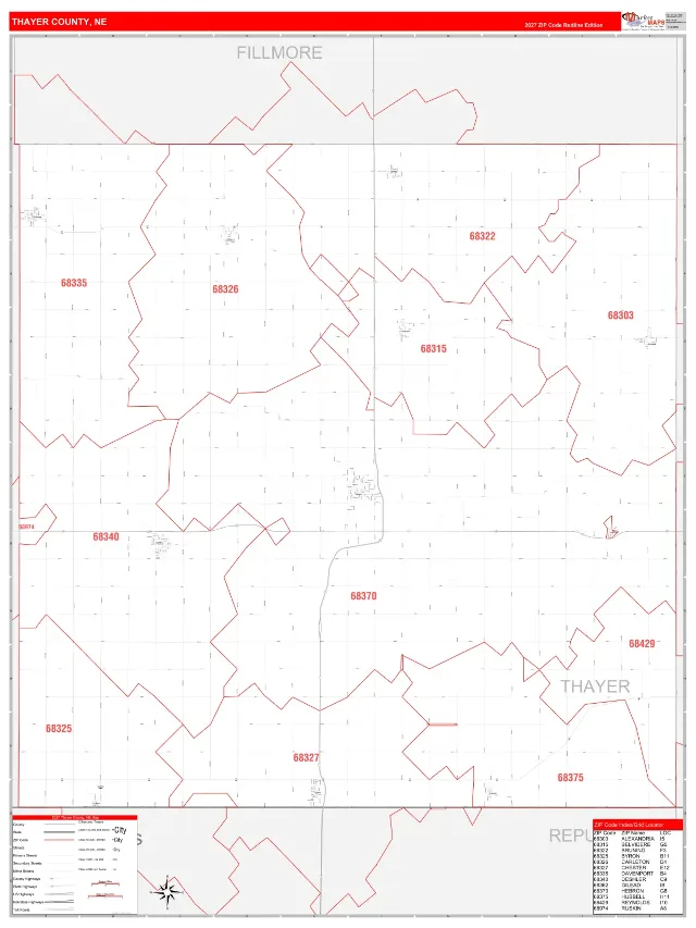 Thayer County, NE ZIP Code Wall Map, RedLine style