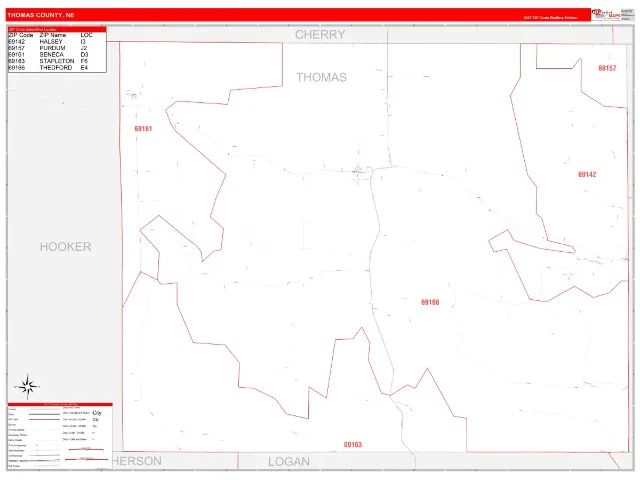 Thomas County, NE ZIP Code Wall Map, RedLine style