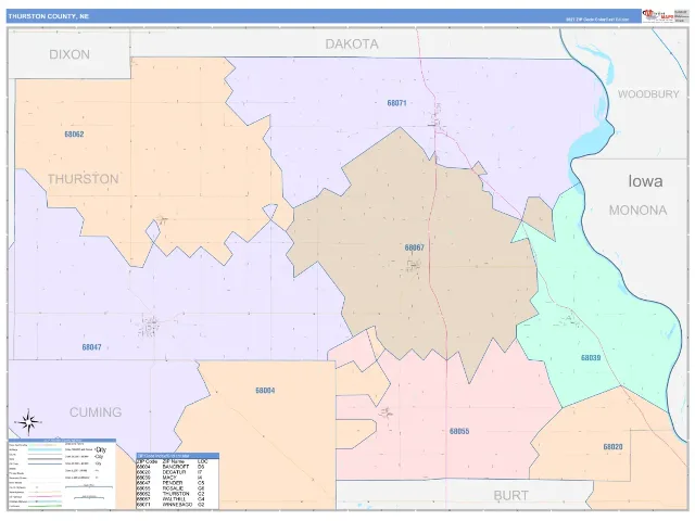 Thurston County, NE ZIP Code Wall Map, ColorCast style