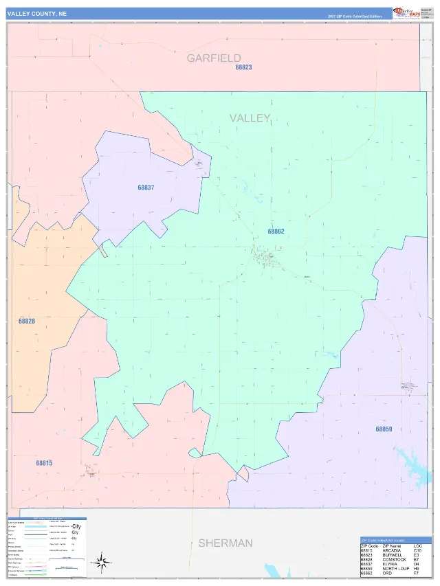 Valley County, NE ZIP Code Wall Map, ColorCast style