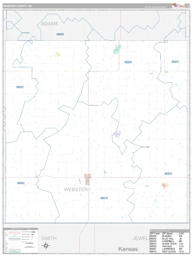 Webster County, NE ZIP Code Wall Map, Classic style