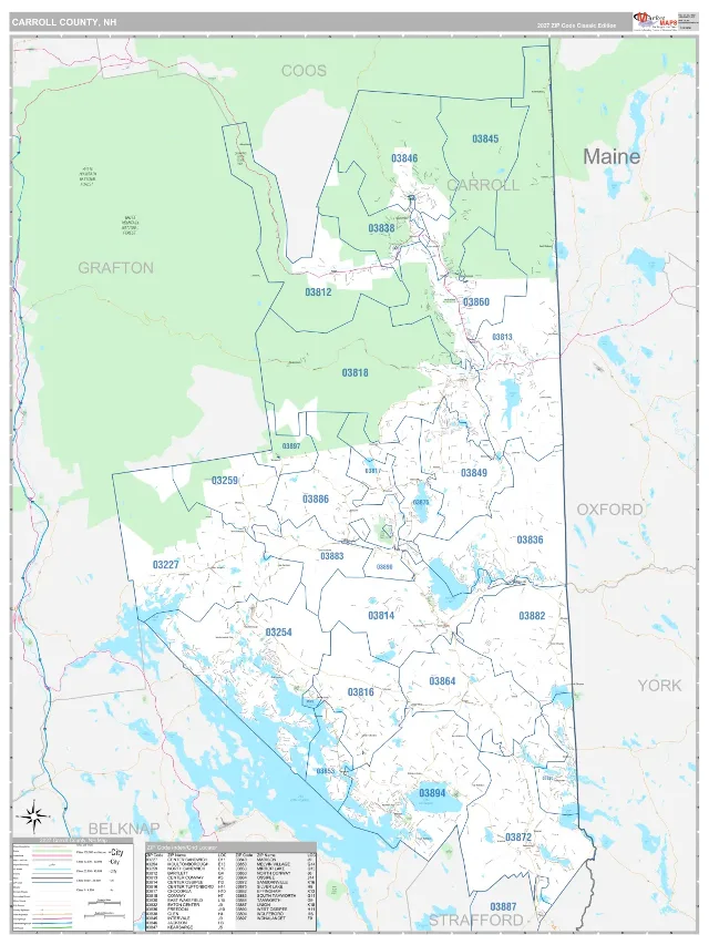 Carroll County, NH ZIP Code Wall Map, Classic style