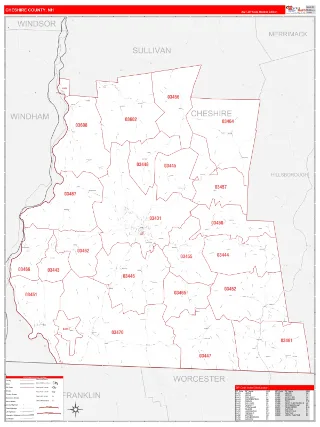 Cheshire County, NH RedLine style ZIP Code wall map