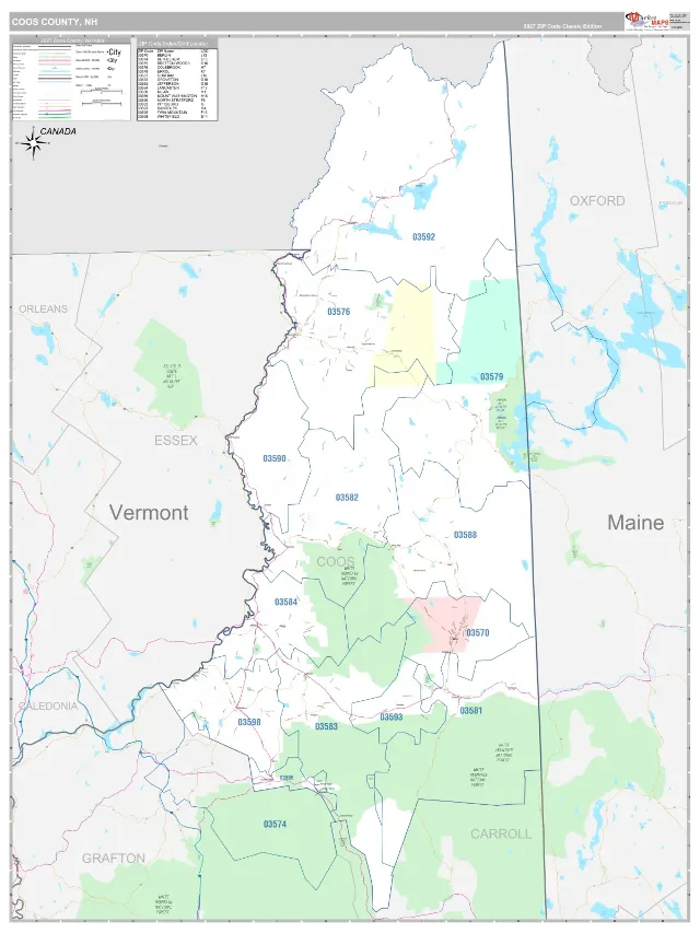 Coos County, NH ZIP Code Wall Map, Classic style