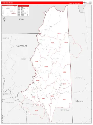 Coos County, NH RedLine style ZIP Code wall map