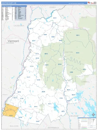 Grafton County, NH Business Reference style ZIP Code wall map