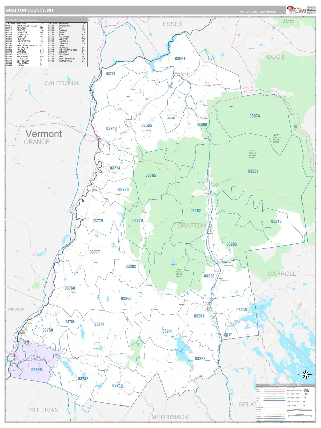 Grafton County, NH ZIP Code Wall Map, Classic style