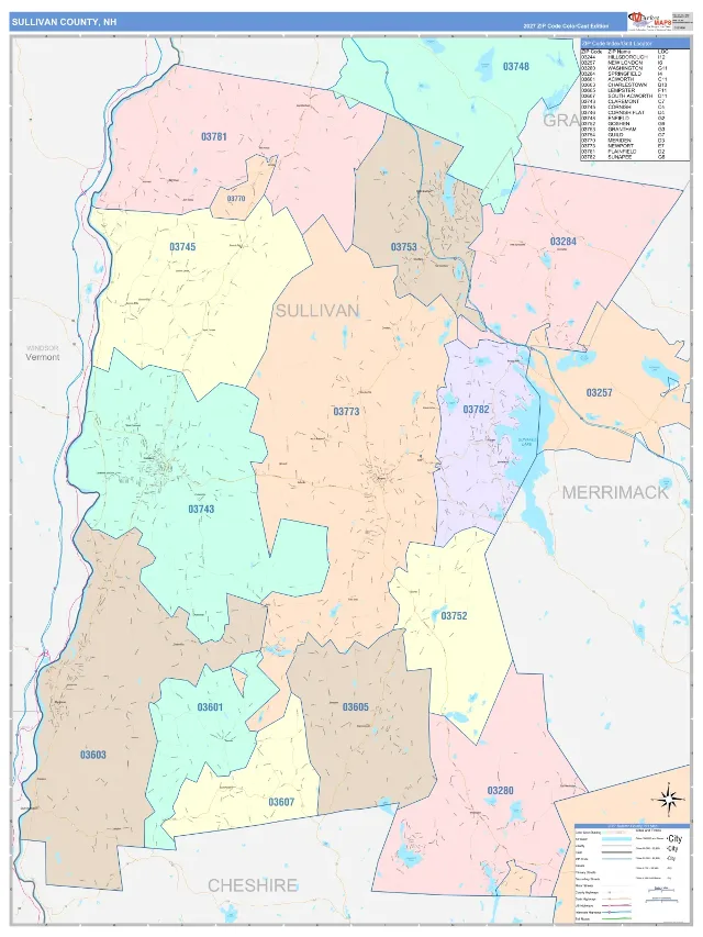 Sullivan County, NH ZIP Code Wall Map, ColorCast style