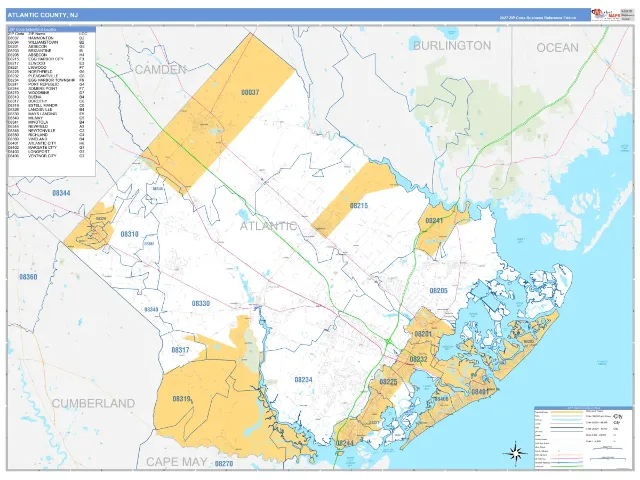 Atlantic County, NJ ZIP Code Wall Map, Business Reference style