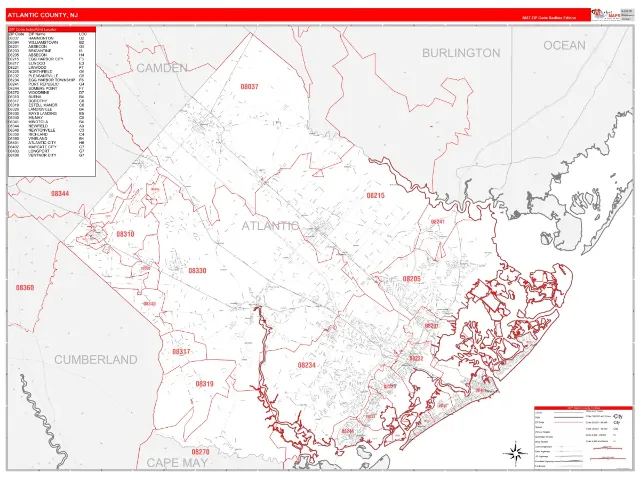 Atlantic County, NJ ZIP Code Wall Map, RedLine style