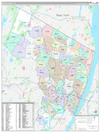 Bergen County, NJ Classic style ZIP Code wall map