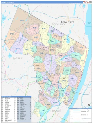 Bergen County, NJ ColorCast style ZIP Code wall map