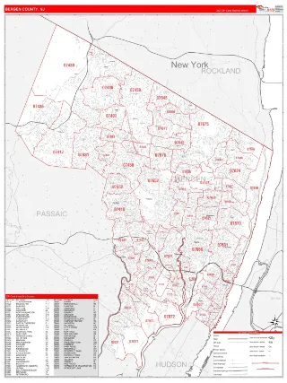 Bergen County, NJ RedLine style ZIP Code wall map