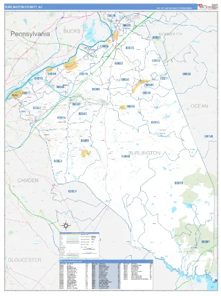 Burlington County, NJ Business Reference style ZIP Code wall map