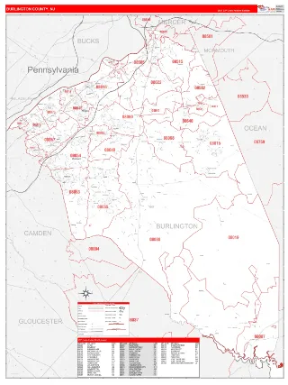 Burlington County, NJ RedLine style ZIP Code wall map