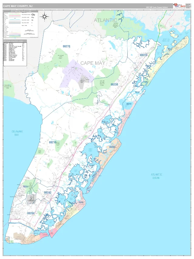 Cape May County, NJ ZIP Code Wall Map, Classic style