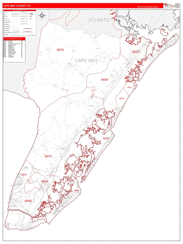 Cape May County, NJ ZIP Code Wall Map, RedLine style