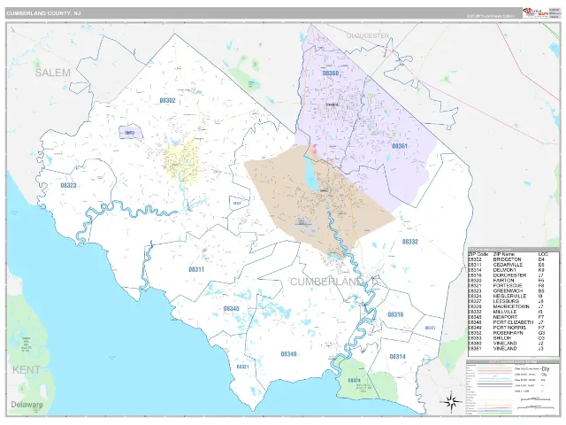 Cumberland County, NJ ZIP Code Wall Map, Classic style