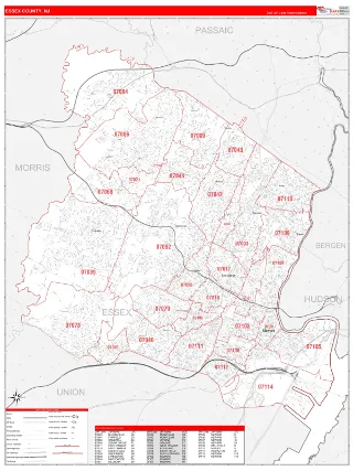 Essex County, NJ RedLine style ZIP Code wall map