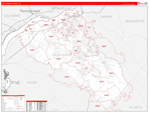 Gloucester County, NJ ZIP Code Wall Map, RedLine style