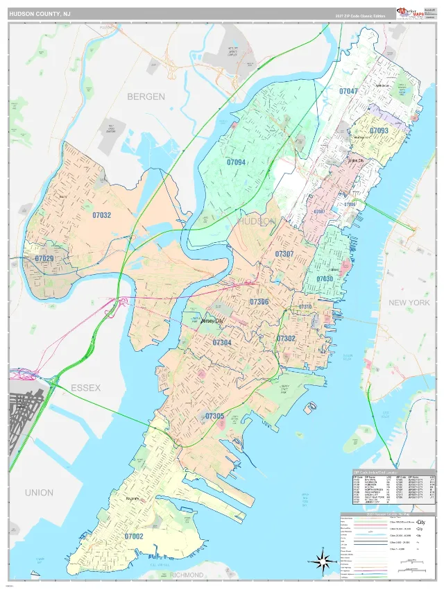 Hudson County, NJ ZIP Code Wall Map, Classic style