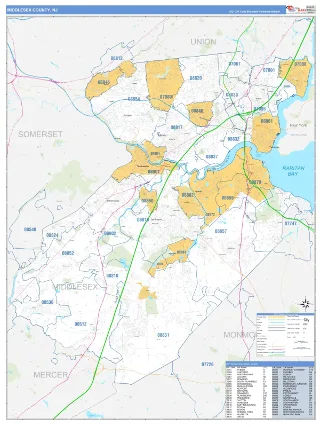 Middlesex County, NJ Business Reference style ZIP Code wall map