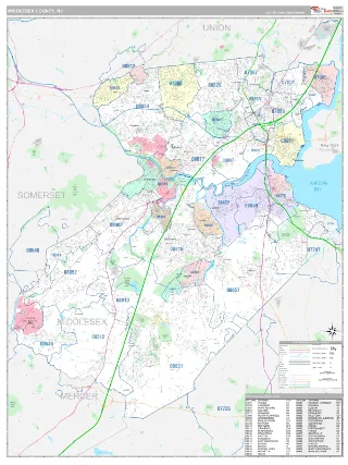Middlesex County, NJ Classic style ZIP Code wall map
