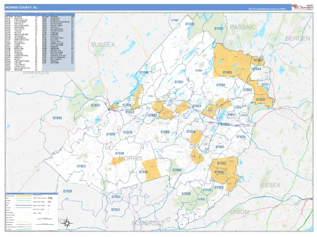 Morris County, NJ ZIP Code Wall Map, Business Reference style