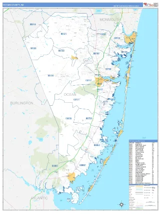 Ocean County, NJ Business Reference style ZIP Code wall map