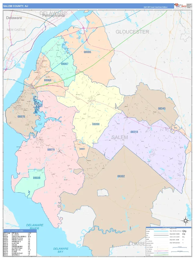 Salem County, NJ ZIP Code Wall Map, ColorCast style