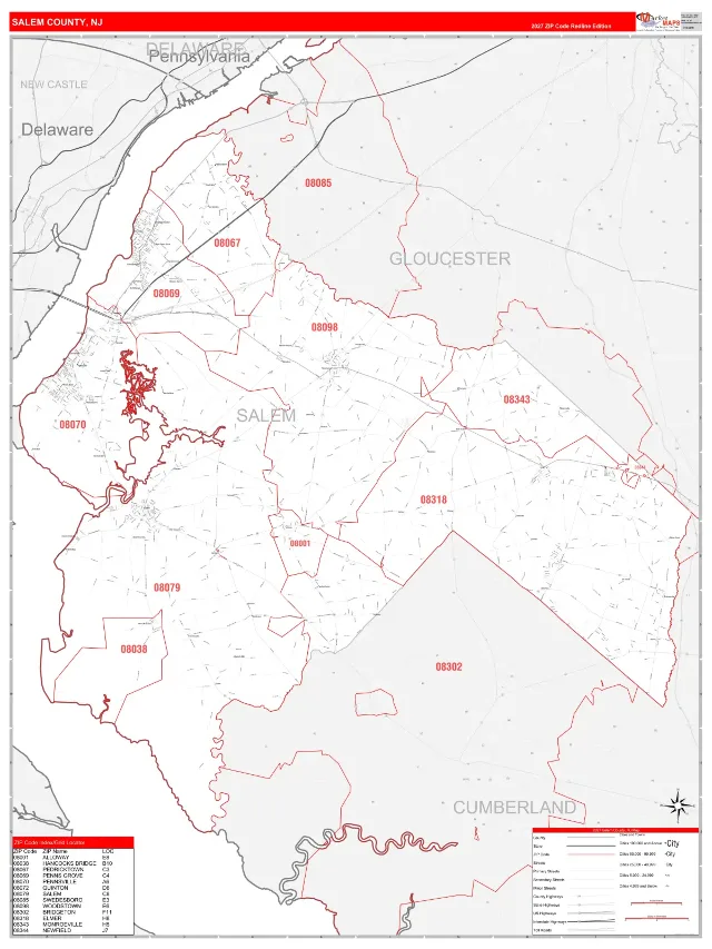 Salem County, NJ ZIP Code Wall Map, RedLine style