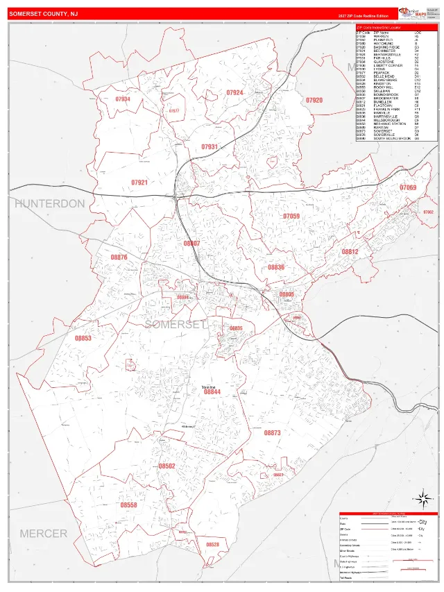 Somerset County, NJ ZIP Code Wall Map, RedLine style