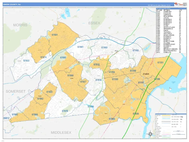Union County, NJ ZIP Code Wall Map, Business Reference style