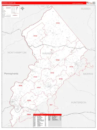 Warren County, NJ RedLine style ZIP Code wall map